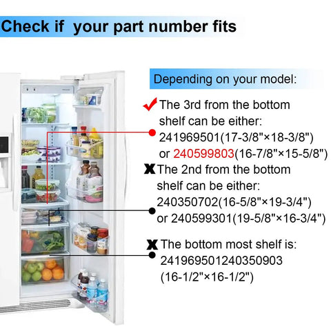Open refrigerator showing shelving compatibility for Refrigerator Crisper Pan Cover Frame Without Glass Replacement Shelf Frame.