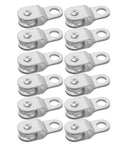 12 Pack Single Pulley Block With Loading Wheel For 6mm Rope, silver metal guide roller pulley set shown stacked