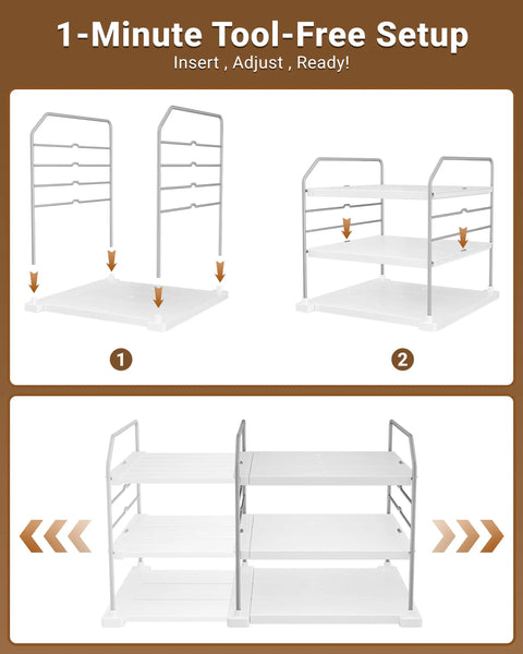 Heavy Duty Expandable Three Tier Kitchen Cabinet Organizer And Pantry Shelf Rack For Plastic Wrap Foil Storage Bags And Snack Boxes Adjusted Width Fits Cabinetry Built Tough Keeps Your Space Organized And Stash Super Neat For Easy Reach Anytime with tool-free setup instructions.