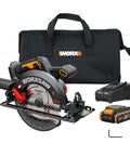Pro Grade Cordless Circular Saw With A Kickin 20v Brushless Motor And Rock Solid 7 Inch Blade That Easily Rips Through 2x Lumber For Lightning Fast Cuts Plus Smooth Bevel Adjustments And Absolutely Zero Cord Hassle On Job Sites, with charger and bag.