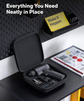 16V Brushless Power Drill With 50 Nm Torque, Smart Digital Display, LED Light, drill and bits in open carrying case on desk