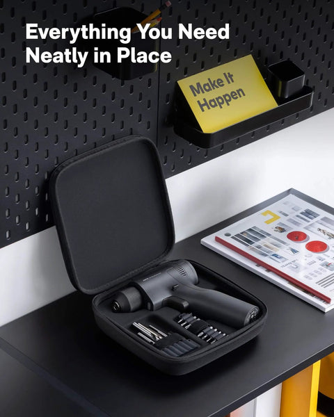 16V Brushless Power Drill With 50 Nm Torque, Smart Digital Display, LED Light, drill and bits in open carrying case on desk