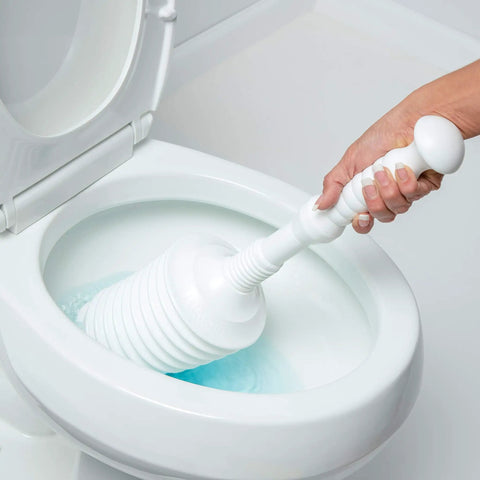 Heavy Duty Toilet Plunger Kit With Smart Air Relief Valve And Spacious Tall Bucket Caddy Effortlessly Knocks Out Stubborn Drain Clogs Fast No Hassle Cleanup For Quick Home Plumbing Fixes In White being used in toilet bowl.