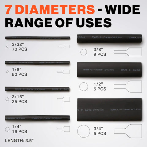 Must-Have Heat Shrink Tubing Kit 3:1 Adhesive Lined Waterproof Marine Grade Black, 180 PCS, 7 diameters, labeled sizes