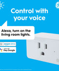 Indoor Smart Plug With Bluetooth And WiFi, Voice Controlled Outlet For Holiday Lights And Everyday Devices, Works With Alexa And Google Home, 3 Pack Great For Automated Lighting And Remote Control, Home Automation Ready displayed with voice control feature description