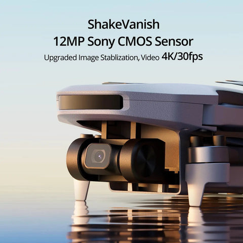 Close-up of Pocket-Sized GPS Drone With 4K EIS Camera Under 249g, showcasing the 12MP Sony CMOS sensor and ShakeVanish feature.