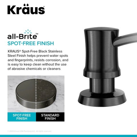 Close-up of spot-free black stainless steel finish on Kraus soap dispenser with heavy-duty brass pump and comparison to standard finish.