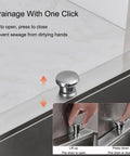 Chrome push-button drain system on metal sink showcasing open and close function