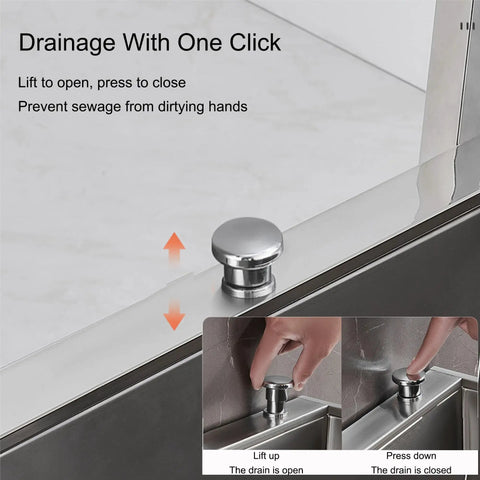 Chrome push-button drain system on metal sink showcasing open and close function