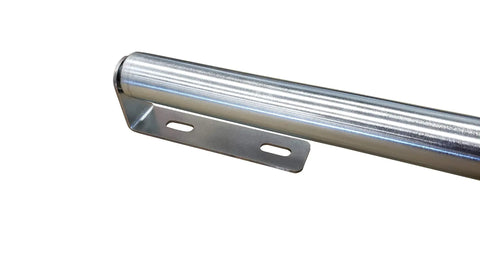 Beefy Galvanized Steel Roller Bracket For One Quarter Inch Round Axle Support with slotted mounting holes, angled view