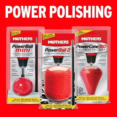 PowerBall 2 Polishing Tool For Deep Dish Wheels And Tight Areas Drill Powered With A 10 Inch Quick Swap Bit shown in packaging