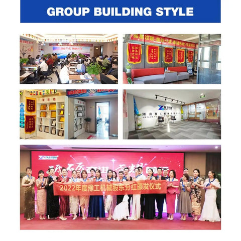 GROUP BUILDING STYLE collage featuring office space, awards display, and celebration event with team members.