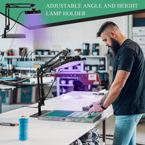 Man using 50W LED UV Screen Printing Exposure Unit with Retractable Adjustable Stand for fast emulsion curing in workshop.