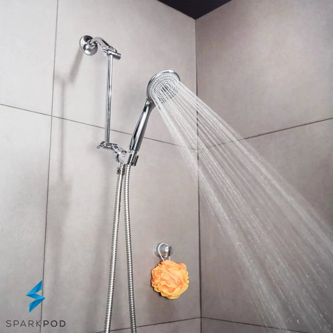 High Pressure 3 Function Handheld Shower Head With Five Foot Hose And Bracket, 3.75 Inch Wide Rain Shower, Chrome Finish in use
