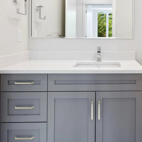 10 Pack 5 Inch Hole Centers Brushed Nickel Cabinet Pulls Zinc Alloy Hardware Durable Rust Resistant With Screws Included on gray vanity