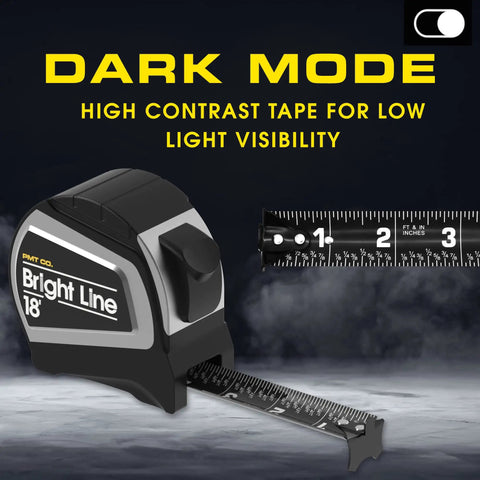 High Contrast Easy Read Tape Measure For Low Light With Dual Sided Auto Lock Retractable 18 Feet Heavy Duty Rubber Case in dark mode