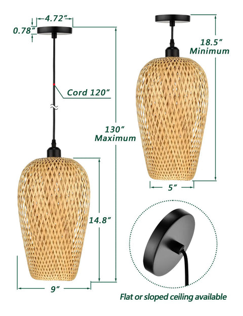 Hand Woven Bamboo Rattan Pendant Light With Natural Finish, Double Layer Dome Shade For A Cozy Boho Vibe In Living Room Bedroom Kitchen Hallway Or Cafe, Eco Friendly Ceiling Fixture With Warm Ambient Glow, dimensions diagram