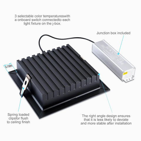 HITOO 8 Inch Square Recessed Ceiling Light, 3CCT, Dimmable, Black, 2 Pack with junction box and clips for installation.