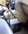 Foldable Car Trash Can Organizer hanging on car console, waterproof leakproof storage bag with durable Oxford fabric, 11L capacity.
