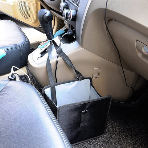 Foldable Car Trash Can Organizer hanging on car console, waterproof leakproof storage bag with durable Oxford fabric, 11L capacity.