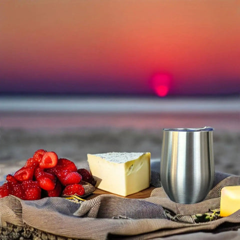Stainless Steel Double Wall Vacuum Insulated Wine Tumblers Keeping Icy Cold Beverages Chilled Or Piping Hot Coffee For Trail Blazing Tailgates And Backyard Hangs With Secure Lids Straws And Dishwasher Ease on beach with strawberries and cheese.