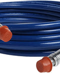 Airless Sprayer Hose 25 Feet One Quarter Inch Dark Blue Heavy Duty Extend Reach For High Jobs Like Peaks And Second Stories While Maintaining 3000 Psi Zinc Plated Spring Guard Corrosion Resistant Works With Graco And Magnum Airless Sprayers coiled with red caps