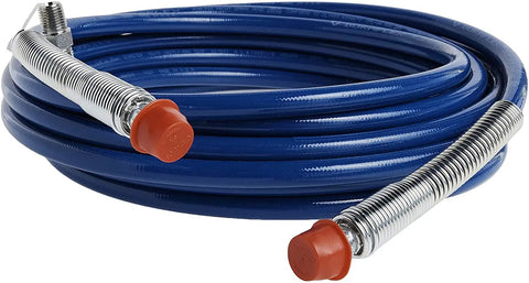 Airless Sprayer Hose 25 Feet One Quarter Inch Dark Blue Heavy Duty Extend Reach For High Jobs Like Peaks And Second Stories While Maintaining 3000 Psi Zinc Plated Spring Guard Corrosion Resistant Works With Graco And Magnum Airless Sprayers coiled with red caps