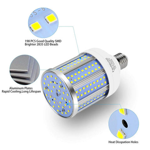 2 Pack 40W LED Corn Light Bulbs 4000 Lumens 6500K Cool White Daylight E26 E27 Base showing LED beads and cooling features