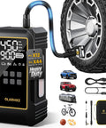 Powerful Heavy Duty Tire Inflator Portable Air Compressor With 12000mAh Battery 150 PSI Output displayed near vehicle tire.