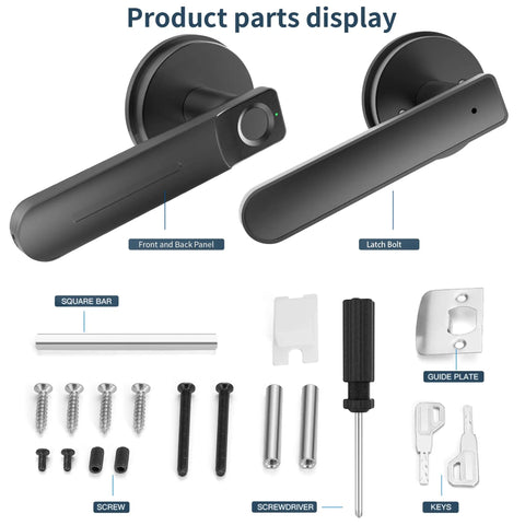 Components of Fingerprint Door Lock No Key Needed With 0.2 Second Auto Unlock, 100 Biometric Profiles, Smart Lock parts display.