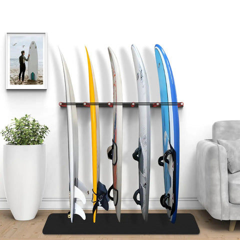 Heavy Duty One Piece Surfboard Wall Rack With Powder Coated Carbon Steel Build Anti Slip Rubber Cradle And Tough Bungee Straps For Secure Garage Organization Holds Up To Six Boards Dope Gear displaying six surfboards organized against a wall.