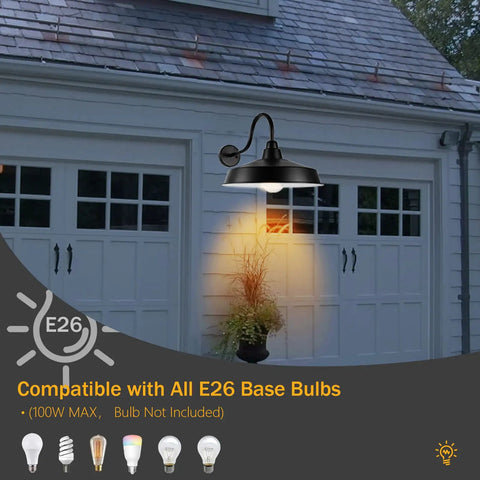 16 Inch Dome Barn Light Outdoor Wall Mount Sconce illuminating garage with gooseneck design and E26 bulb compatibility