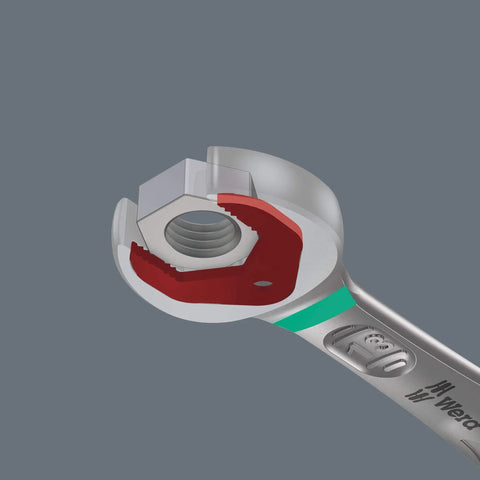 Close-up of Joker 4pc Metric Ratcheting Wrench with secure jaw plate gripping a bolt, showcasing double hex geometry.