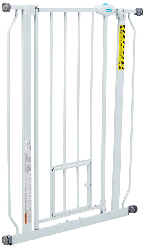 Extra Tall Walk Through Dog Gate For Doorways And Stairs Metal Pet Gate with Small Pet Door, 41 in tall, white metal
