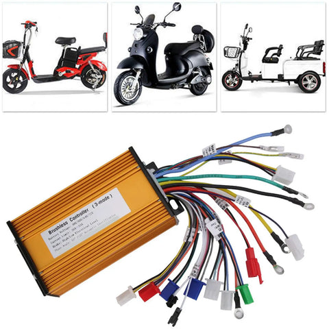 Heavy Duty Brushless Speed Controller For Electric Scooters, gold casing, multiple wires, fits 1000W to 1500W motors.
