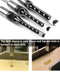 Square Hole Wood Drill Bit Set For Mortises Three Piece HSS Pro Grade Square Mortise Bits Five Sixteenths Inch Three Eighths Inch One Half Inch For Woodworking Use With Square Tenoning Machines ATOPLEE visible with close-up of square mortise bits in use.