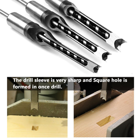 Square Hole Wood Drill Bit Set For Mortises Three Piece HSS Pro Grade Square Mortise Bits Five Sixteenths Inch Three Eighths Inch One Half Inch For Woodworking Use With Square Tenoning Machines ATOPLEE visible with close-up of square mortise bits in use.