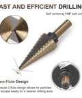 Close-up of Titanium High Speed Steel Step Drill Bit Set with five step bits showing two-flute design and split point.