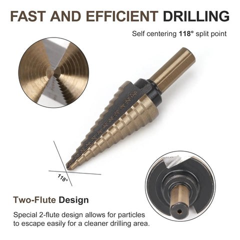 Close-up of Titanium High Speed Steel Step Drill Bit Set with five step bits showing two-flute design and split point.