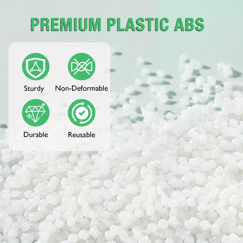 Premium ABS plastic pellets showcasing sturdy, non-deformable, durable, and reusable qualities.