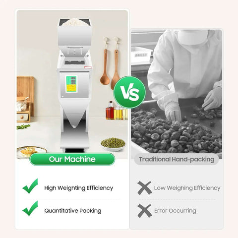Comparison of 10-999g Automatic Powder Filling Machine and traditional hand-packing, highlighting efficiency and error reduction.