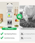 Heavy Duty Automatic Grain Dispenser That Delivers Bullseye Precision On The Fly And Turns Bulky Packing For Powders Beans Into An Absolute Breeze With Zero Hassle Scaling, showing comparison with traditional hand-packing.