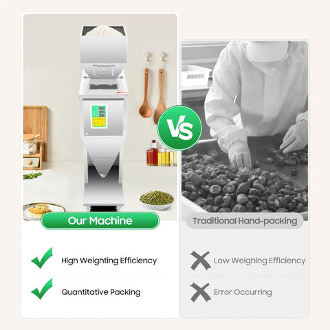 Ready To Roll Automatic Filling Machine Built Like A Tank With Smart Digital Granular Packer next to traditional hand-packing method.