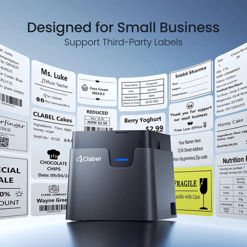 Desk Bluetooth Barcode Label Printer With Direct Thermal Print 2 Inch Label Width For Barcodes And Addresses Super Easy Office Warehouse Label Maker With 1 Roll Label Compact And Portable showing printed labels