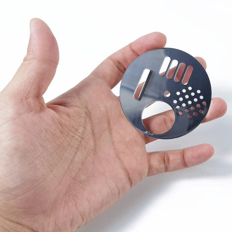 Hand holding Stainless Steel Beehive Entrance Disk 2.67 Inch Round Rotatable Bee Gate for Beekeeping No Fuss Install for Beehive Boxes