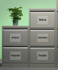 Gray metal filing cabinet with labeled drawers showing Medical, Invoices, Insurance, Proposals, Receipts.