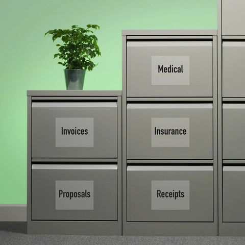 Gray filing cabinet with labeled drawers for invoices, medical, insurance, proposals, and receipts, topped with a potted plant.