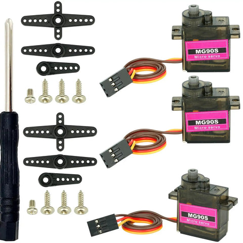 3 Pack MG90S Micro Servo Motors 14g Full Metal Gear High Torque 2 To 3 Kg Cm 4.8 To 6.0V with accessories and screwdriver