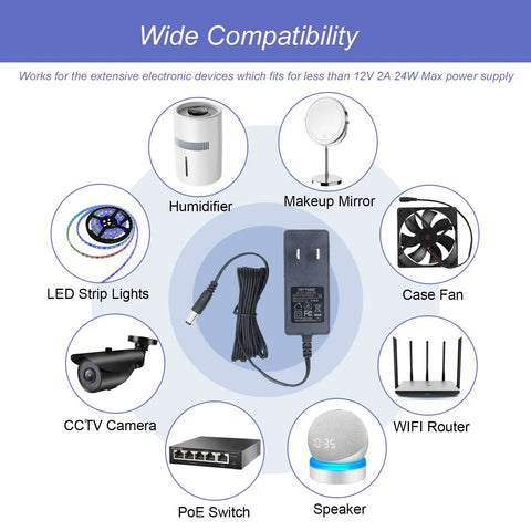 12V 2A Power Adapter For LED Strips CCTV Cameras And Routers, 24W AC To DC Converter With 5.5mm X 2.1mm Tip And 9 Interchangeable Jacks, Plug And Play Ready, Wide 100-240V Input Inner Positive Safe And Reliable; 12V adapter with cable