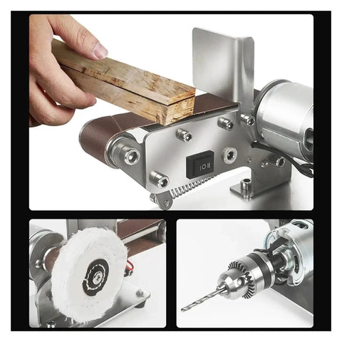 Compact Mini Electric Belt Sander With Seven Speed Settings For Desktop Polishing Grinding And Sharpening in use with wooden block.